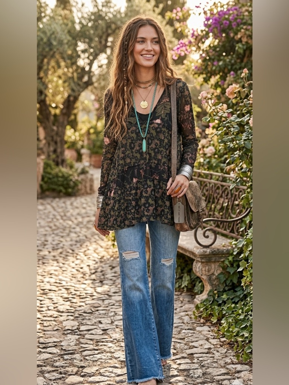 Free People Isabelle Floral Mesh Tiered Boho Blouse Black Size XS (Oversized)